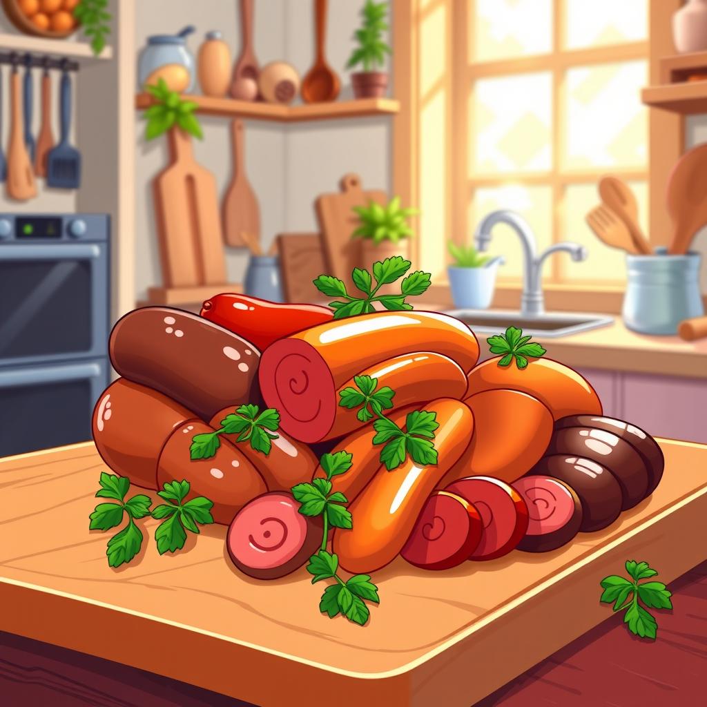A vibrant and colorful cartoon-style illustration of various types of sausages on a wooden cutting board, garnished with fresh herbs