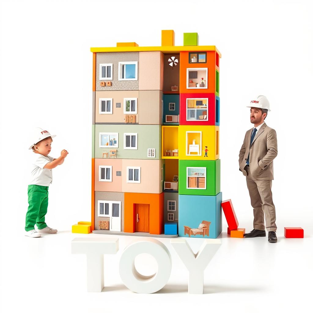 A colorful, whimsical scene depicting a child's play area featuring a three-story apartment made of rectangular blocks stacked up to a height of one meter