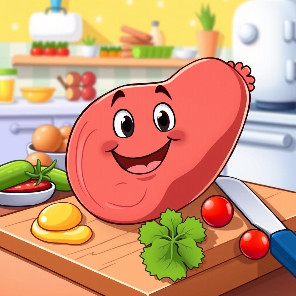 A vibrant, cartoon-style animated illustration of a delicious slice of meat sausage, showcasing its juicy texture and appealing colors