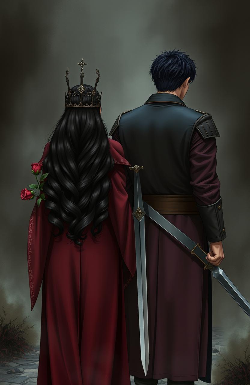 The back view of two soldiers standing confidently in a chaotic, dark environment