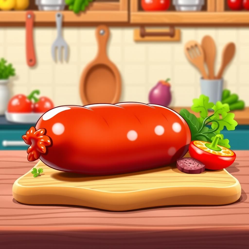 A vibrant animated image of a delicious, cartoon-style sausage
