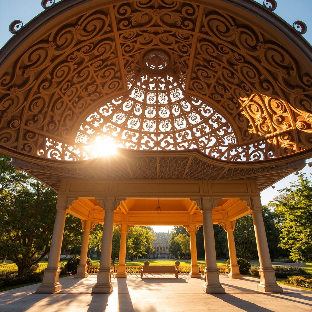 A stunning pavilion with a beautifully designed roof, inspired by intricate traditional architecture
