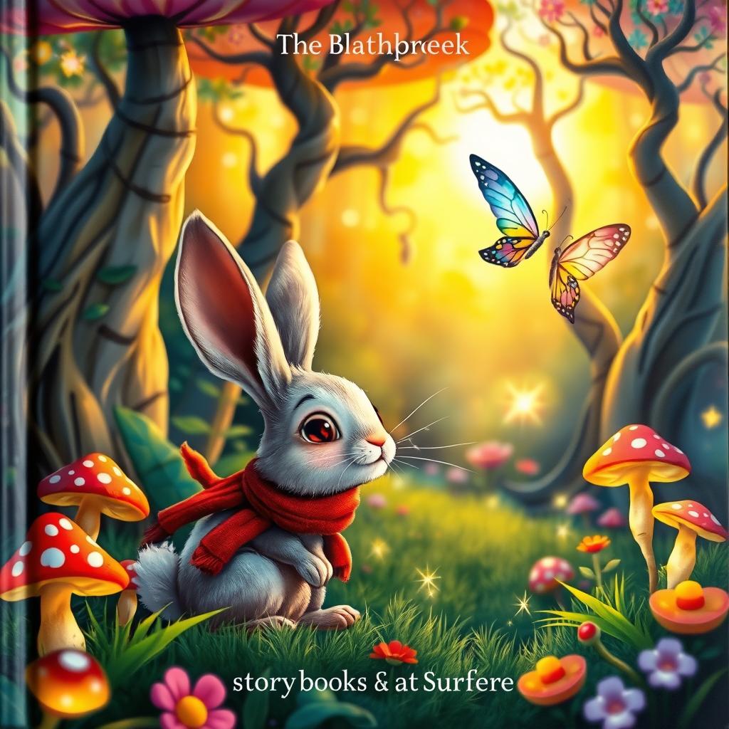 A whimsical storybook cover featuring a lush forest with oversized, colorful mushrooms and sparkling fairy lights