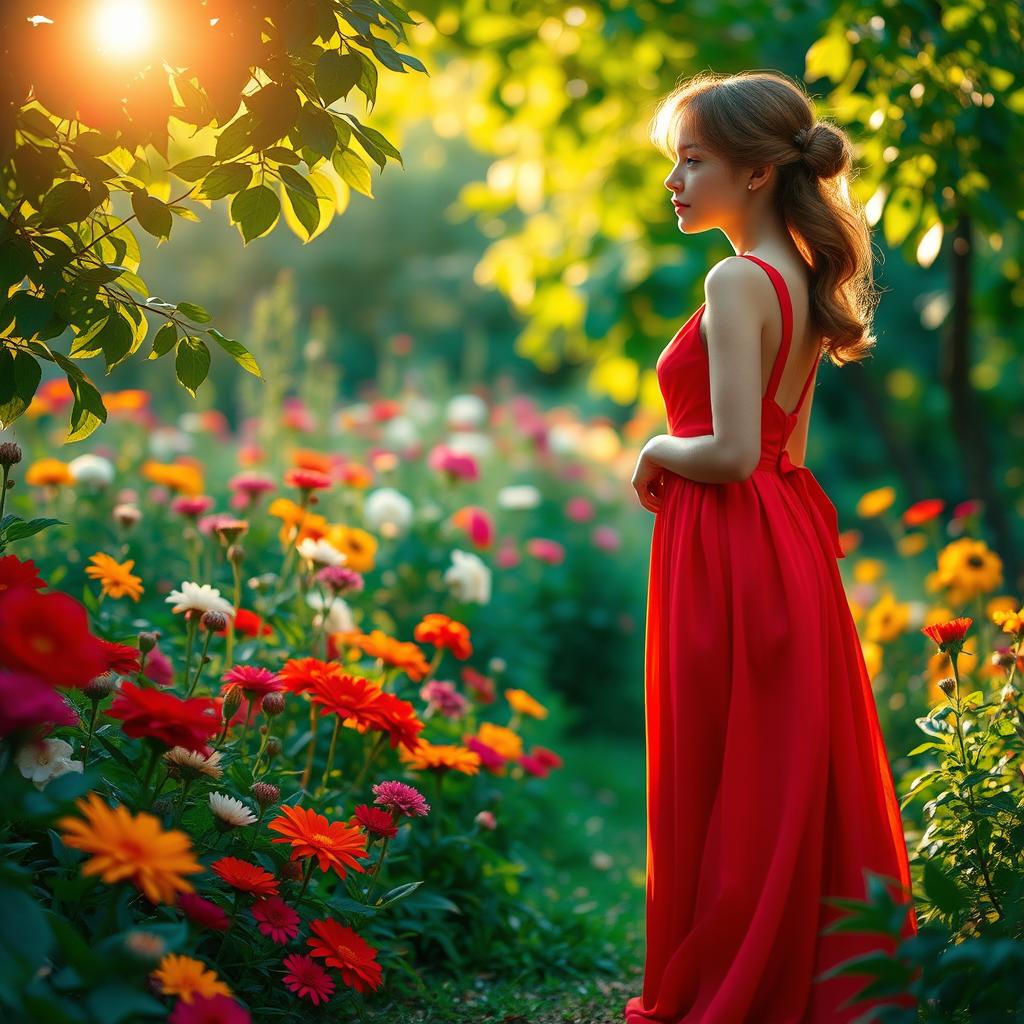 A beautiful girl in a long flowing red dress, standing gracefully in a lush garden filled with vibrant flowers