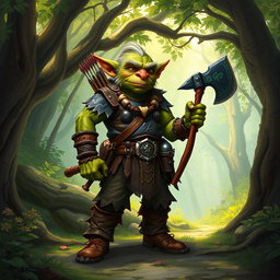A vibrant illustration of a goblin standing in a lush forest environment