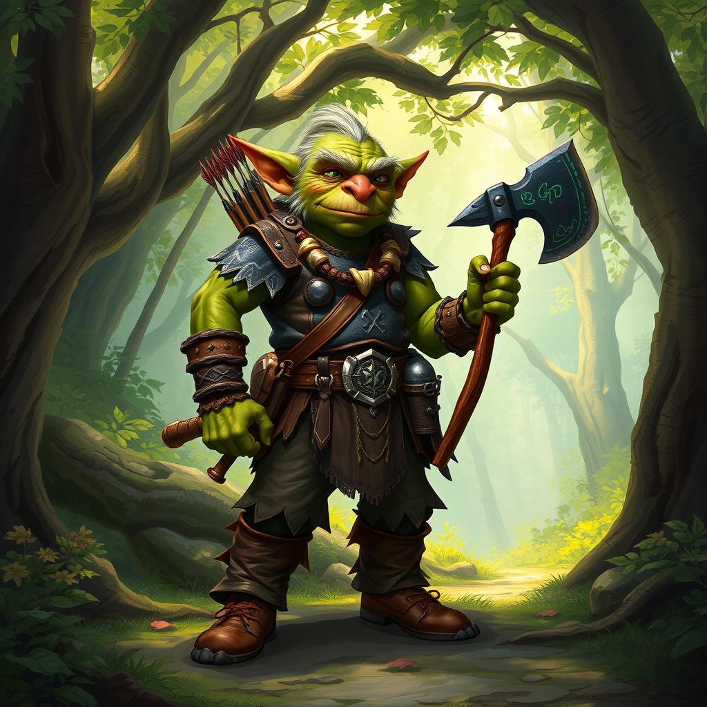 A vibrant illustration of a goblin standing in a lush forest environment