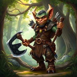 A vibrant illustration of a goblin standing in a lush forest environment