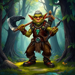 A vibrant illustration of a goblin standing in a lush forest environment