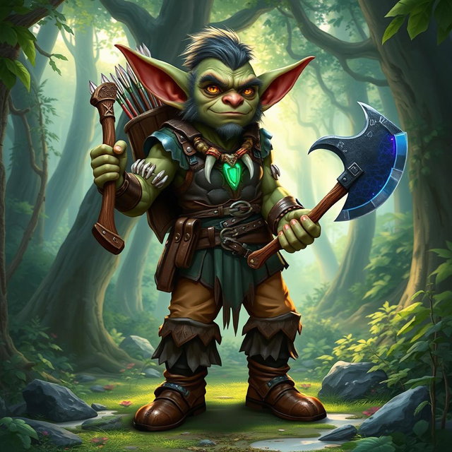 A vibrant illustration of a goblin standing in a lush forest environment
