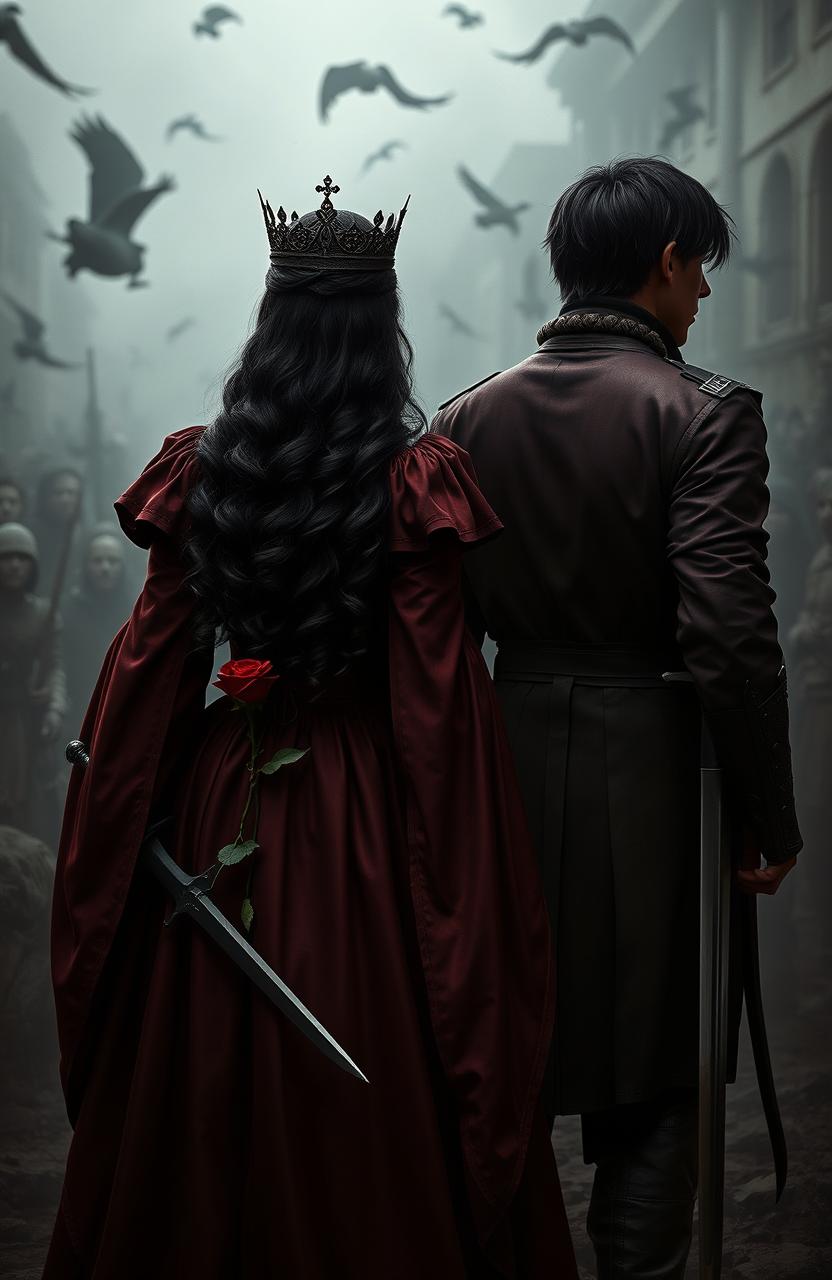 The backs of two soldiers standing tall in a chaotic and dark environment