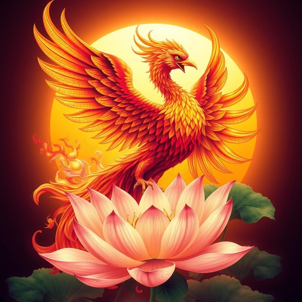 A stunning and majestic phoenix rising from vibrant flames, featuring intricate feathers adorned with shades of red, orange, and gold