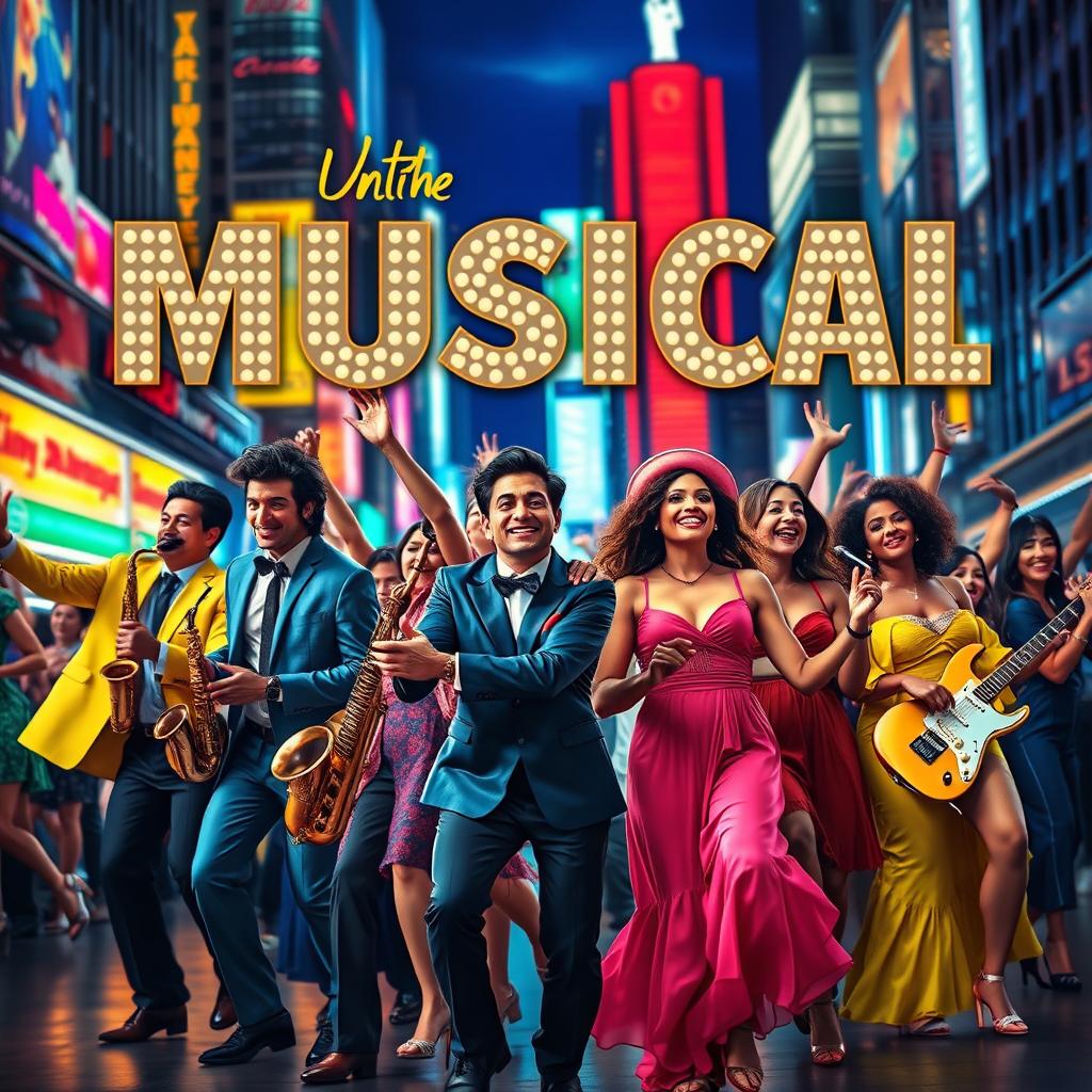 A realistic movie poster for a musical film, featuring a vibrant city backdrop with neon lights reflecting the energy of nightlife