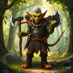 A vibrant illustration of a goblin standing proudly in a lush woodland setting