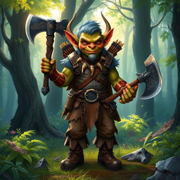 A vibrant illustration of a goblin standing proudly in a lush woodland setting