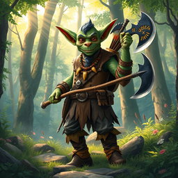A vibrant illustration of a goblin standing proudly in a lush woodland setting
