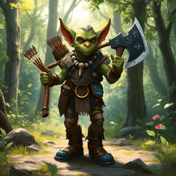 A vibrant illustration of a goblin standing proudly in a lush woodland setting