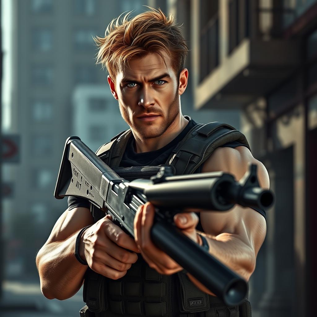 A rugged white man with tousled brown hair and striking blue eyes, wearing a tactical bulletproof vest
