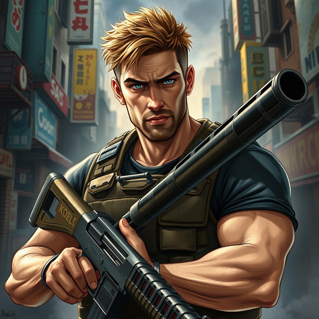 A highly detailed realistic drawing of a rugged white male character with tousled brown hair and intense blue eyes