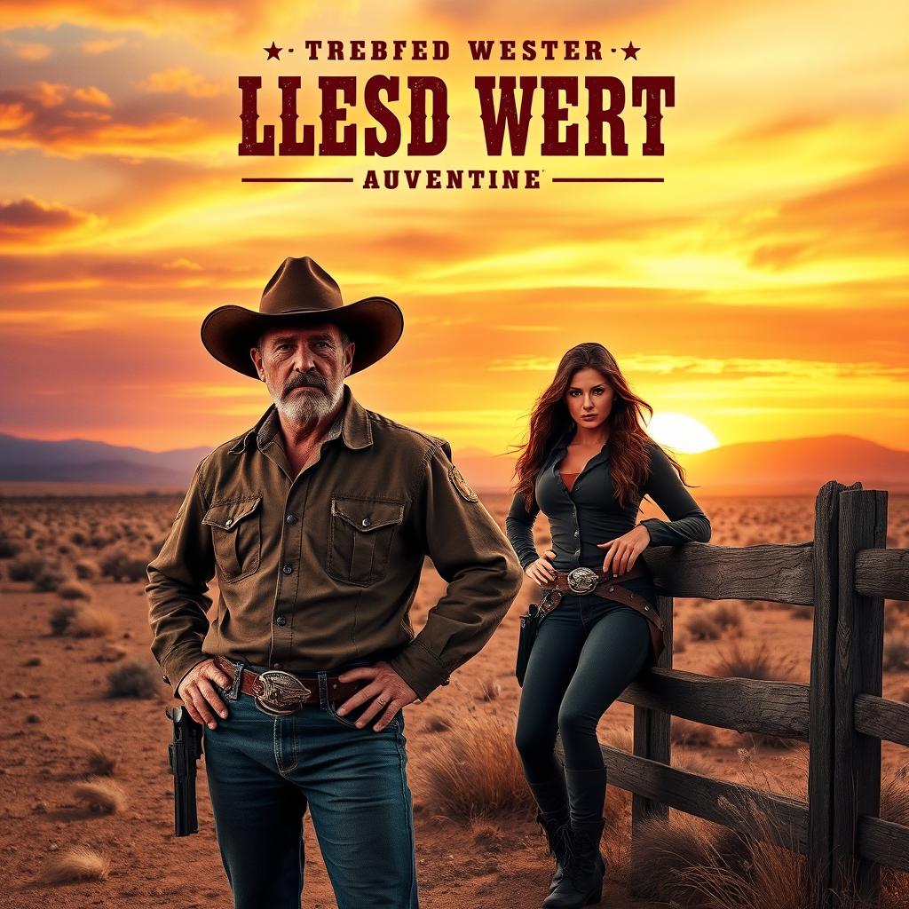 A stunning movie poster for a classic western film, set against a backdrop of an expansive desert landscape at sunset