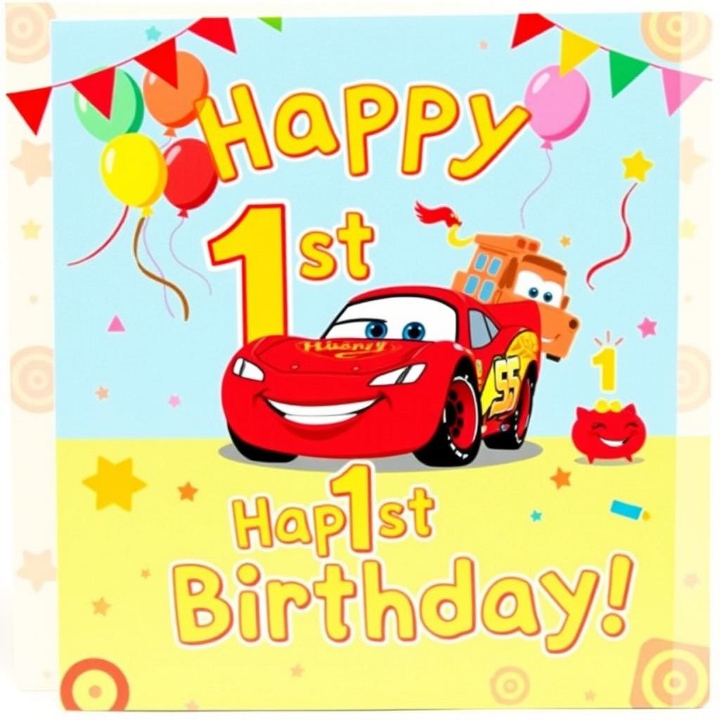 A cheerful and vibrant birthday card for a 1-year-old, featuring a colorful theme inspired by Pixar's Cars