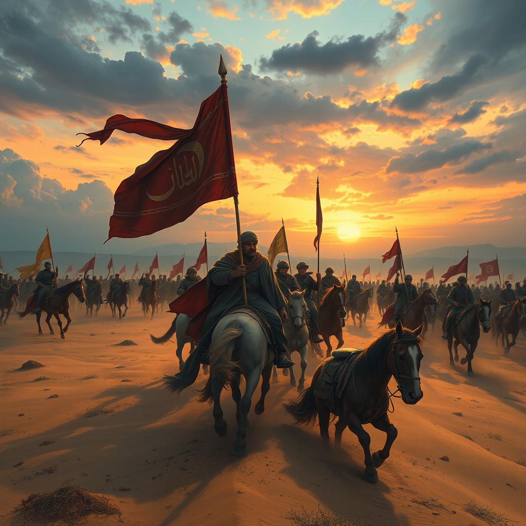 A historical depiction of the Battle of Karbala, showcasing the heroic stand of Imam Hussain and his supporters