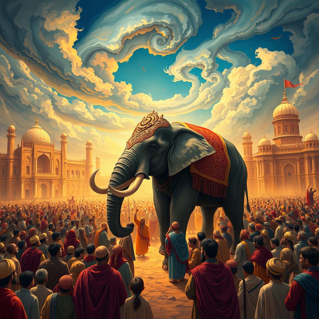 The story of the Companions of the Elephant depicts an ancient scene in vibrant colors