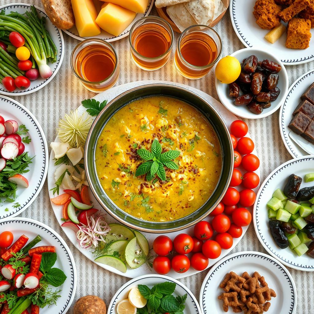 A traditional Iranian table spread filled with a variety of dishes