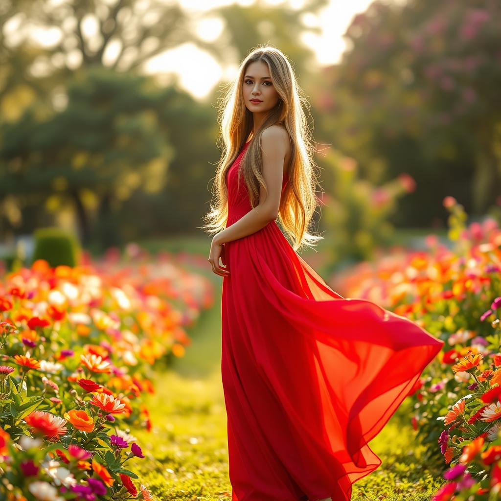 A beautiful woman wearing a flowing long red dress, standing elegantly in a lush garden filled with vibrant flowers