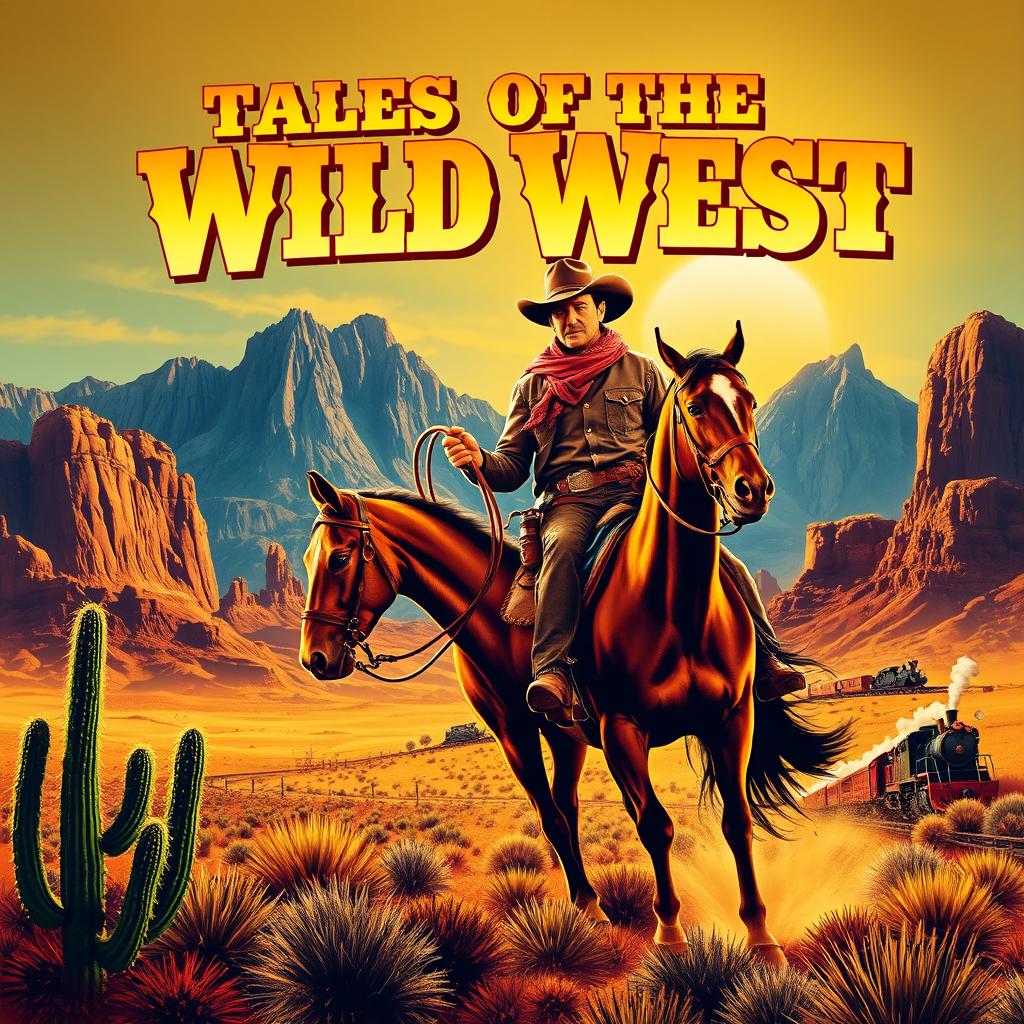 A vibrant and dramatic western movie poster featuring a classic cowboy in a rugged landscape