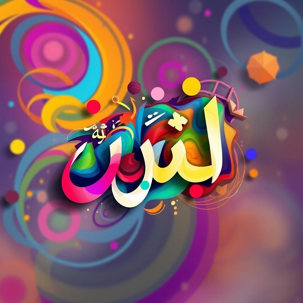 An abstract and colorful representation of the word 'صورة', blending elements of traditional Arabic calligraphy with modern digital art techniques
