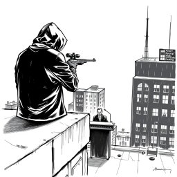 A black and white drawing capturing a hooded man viewed from the rear, standing on the edge of a rooftop