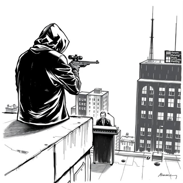 A black and white drawing capturing a hooded man viewed from the rear, standing on the edge of a rooftop