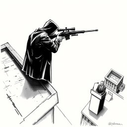 A black and white drawing capturing a hooded man viewed from the rear, standing on the edge of a rooftop