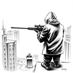 A black and white drawing capturing a hooded man viewed from the rear, standing on the edge of a rooftop