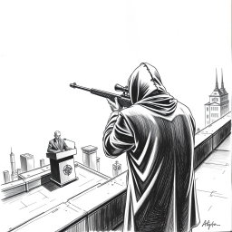 A black and white drawing capturing a hooded man viewed from the rear, standing on the edge of a rooftop