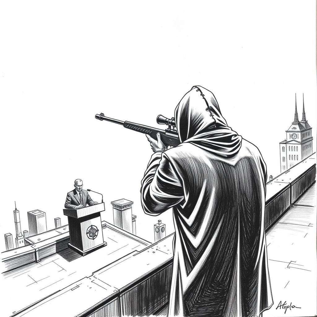 A black and white drawing capturing a hooded man viewed from the rear, standing on the edge of a rooftop