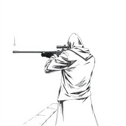 A black and white drawing of a hooded man viewed from the rear, standing on the edge of a rooftop