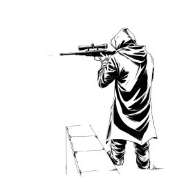 A black and white drawing of a hooded man viewed from the rear, standing on the edge of a rooftop