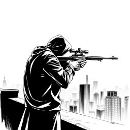 A black and white drawing of a hooded man viewed from the rear, standing on the edge of a rooftop