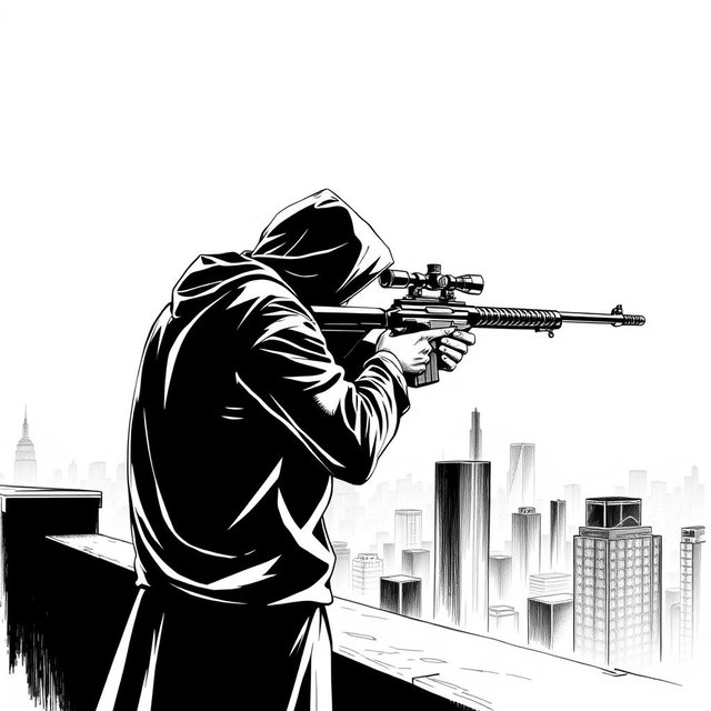 A black and white drawing of a hooded man viewed from the rear, standing on the edge of a rooftop