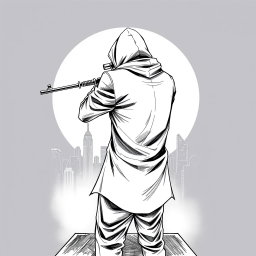 A black and white drawing of a hooded man viewed from the rear, standing on the edge of a rooftop