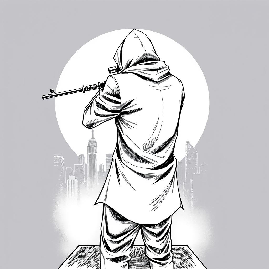 A black and white drawing of a hooded man viewed from the rear, standing on the edge of a rooftop