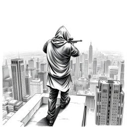 A highly detailed black and white drawing of a hooded man seen from the rear, standing on the edge of a building's rooftop
