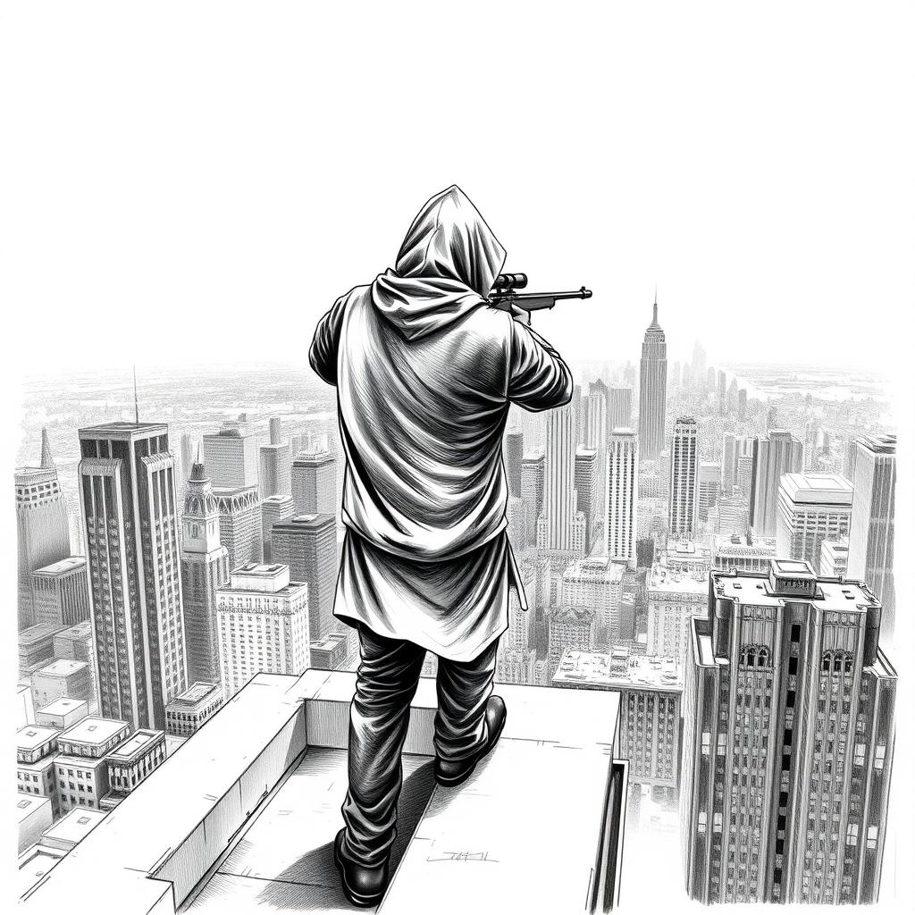 A highly detailed black and white drawing of a hooded man seen from the rear, standing on the edge of a building's rooftop