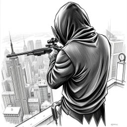 A highly detailed black and white drawing of a hooded man seen from the rear, standing on the edge of a building's rooftop