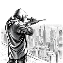 A highly detailed black and white drawing of a hooded man seen from the rear, standing on the edge of a building's rooftop