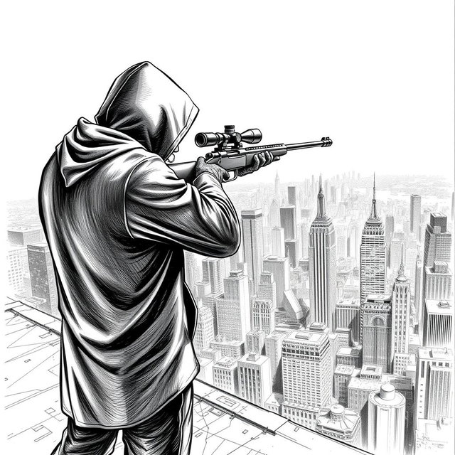 A highly detailed black and white drawing of a hooded man seen from the rear, standing on the edge of a building's rooftop