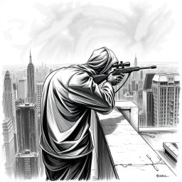 A highly detailed black and white drawing of a hooded man seen from the rear, standing on the edge of a building's rooftop