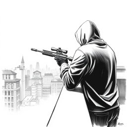 A black and white drawing depicting a hooded man from a rear view, positioned on the edge of a building rooftop