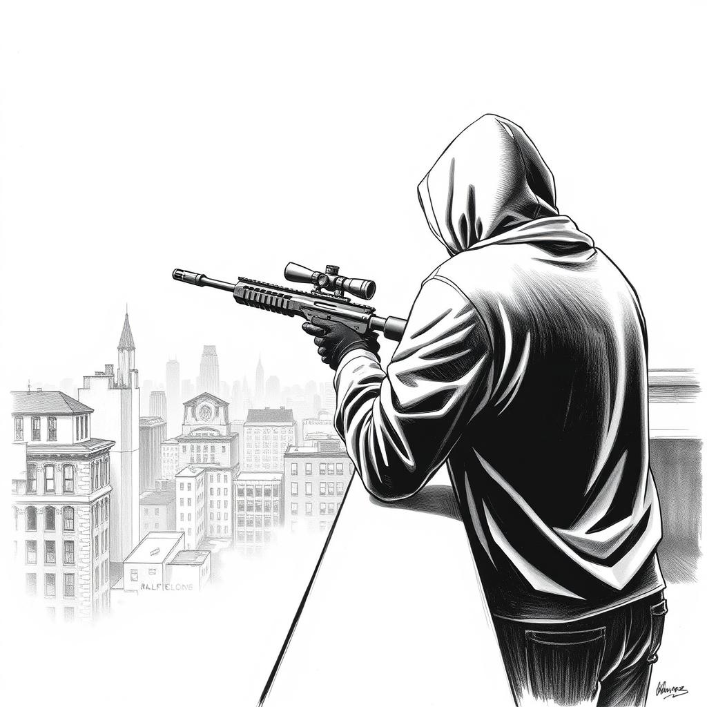 A black and white drawing depicting a hooded man from a rear view, positioned on the edge of a building rooftop